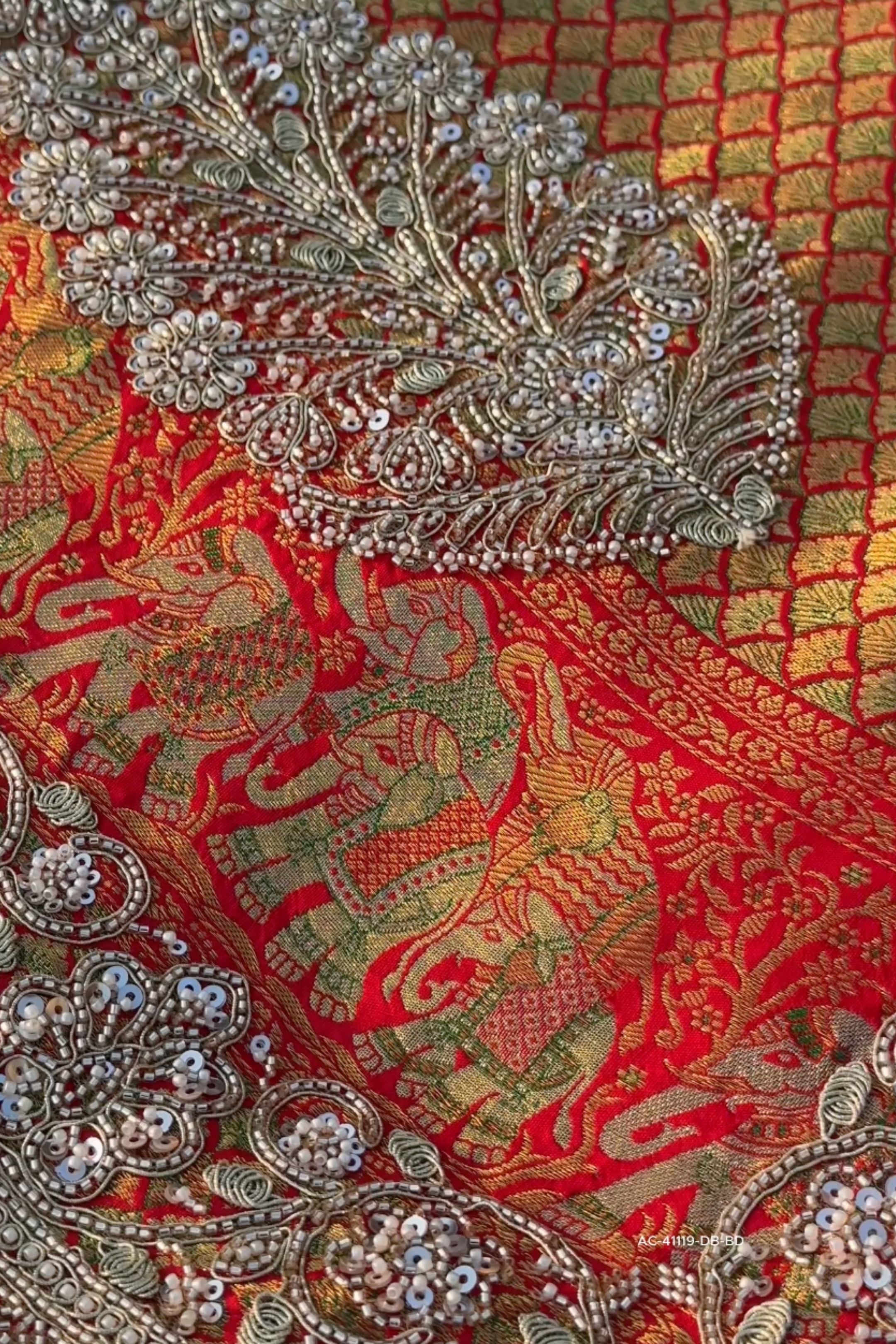 Red Rani Brocade Unstitched Saree Embellished With Sequins, Moti, Dabka & Cutdana Work