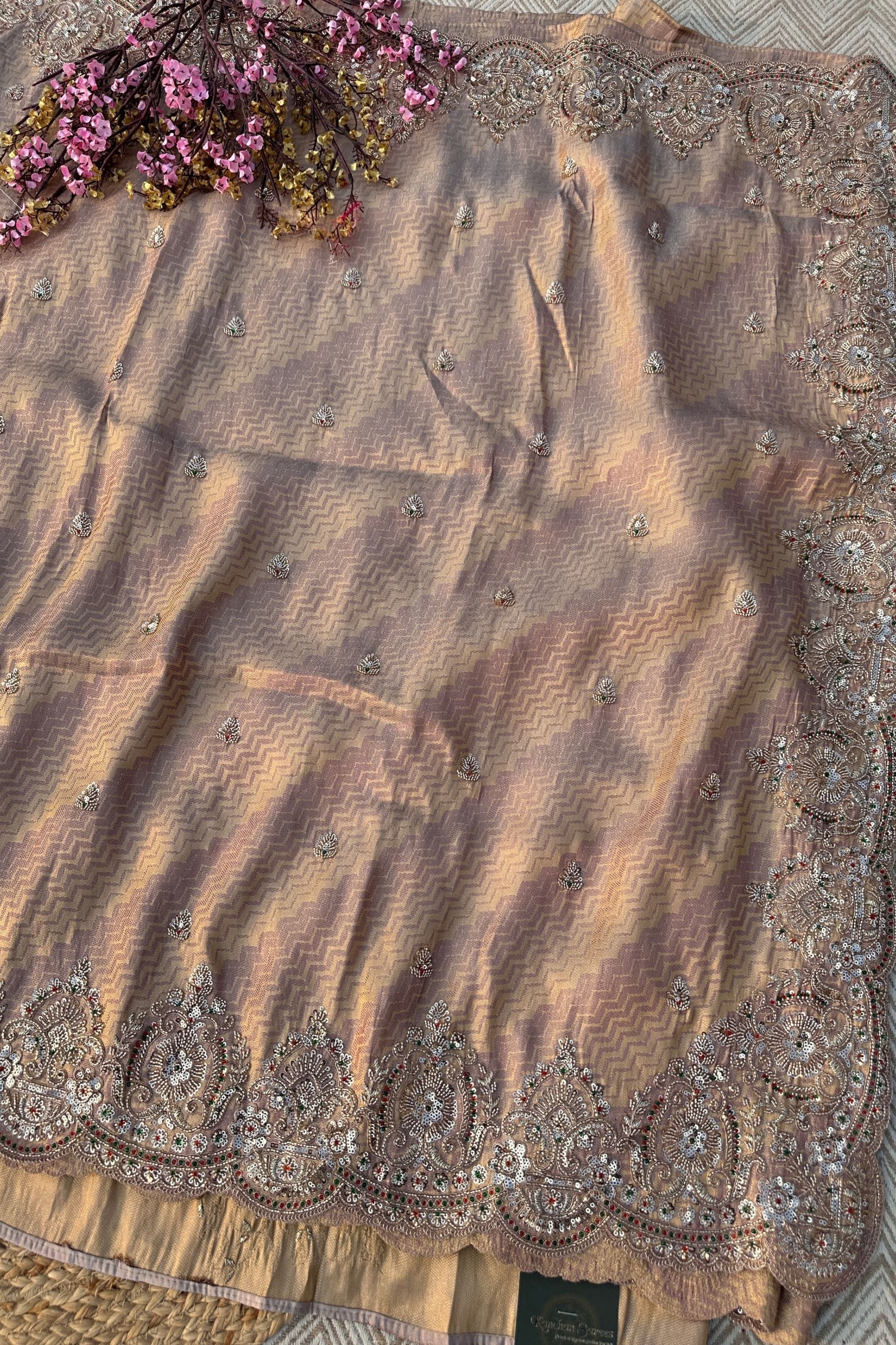 Mauve Brocade Unstitched Saree Embellished With Zari, Sequins & Cutdana Work