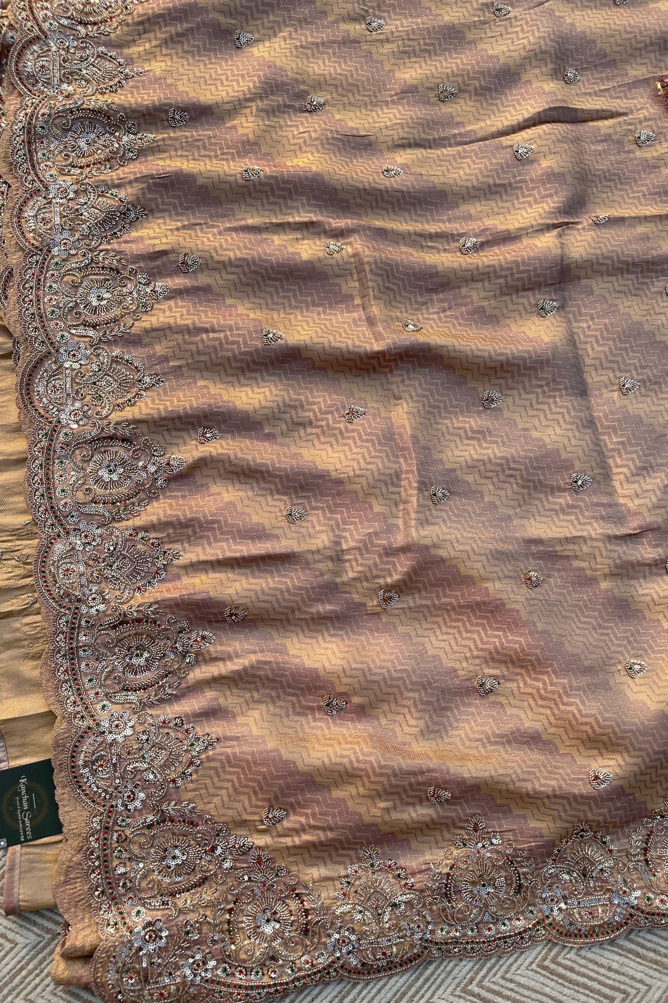 Mauve Brocade Unstitched Saree Embellished With Zari, Sequins & Cutdana Work