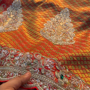 Red Rani Brocade Unstitched Saree Embellished With Sequins, Moti, Dabka & Cutdana Work