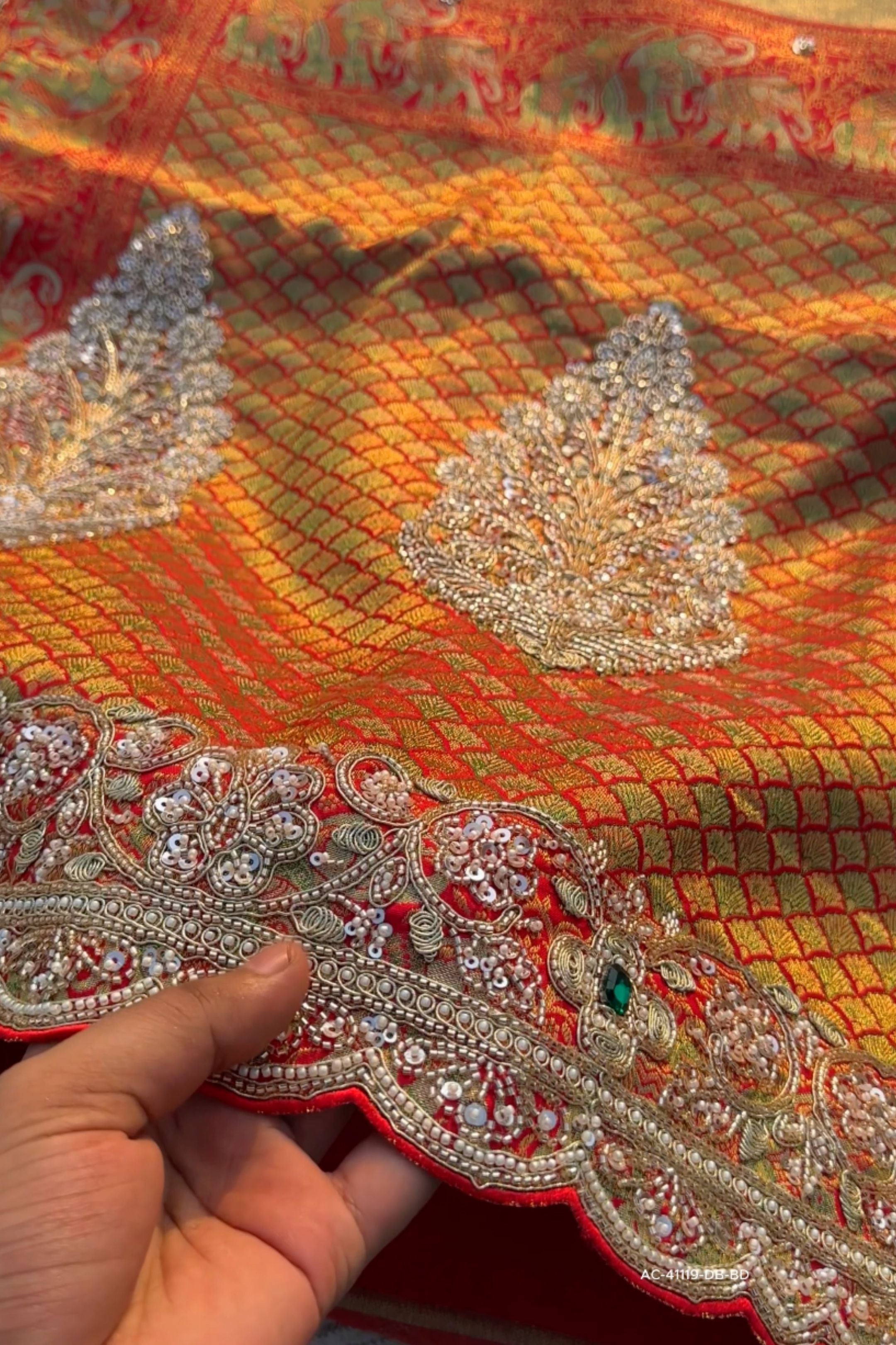 Red Rani Brocade Unstitched Saree Embellished With Sequins, Moti, Dabka & Cutdana Work