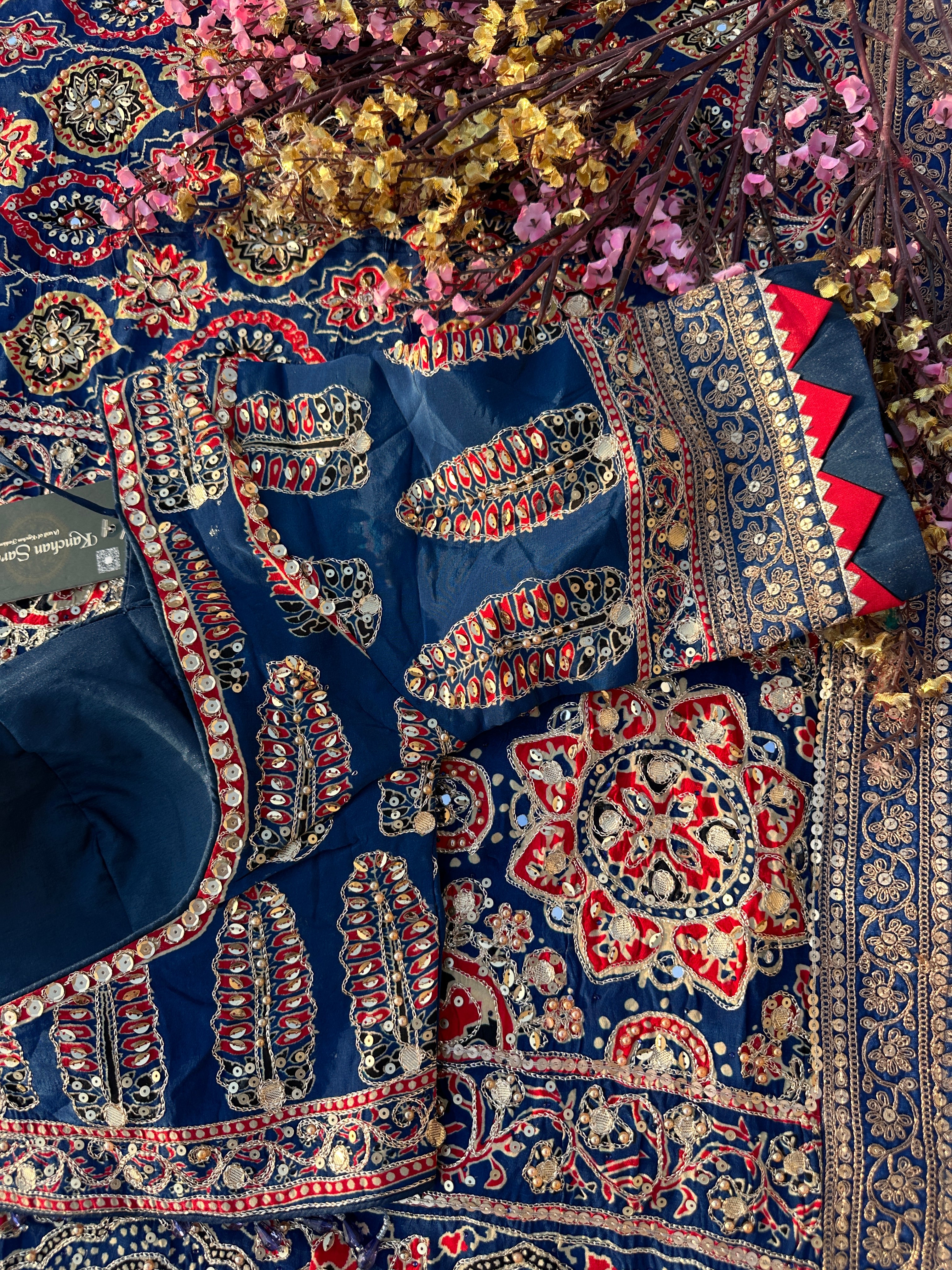 Peacock B Crepe Saree with Blouse with Printed, Sequins, Pearl and Zari Embroidery 15