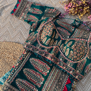 Peacock G Crepe Saree with Blouse with Printed, Sequins, Pearl and Zari Embroidery 2