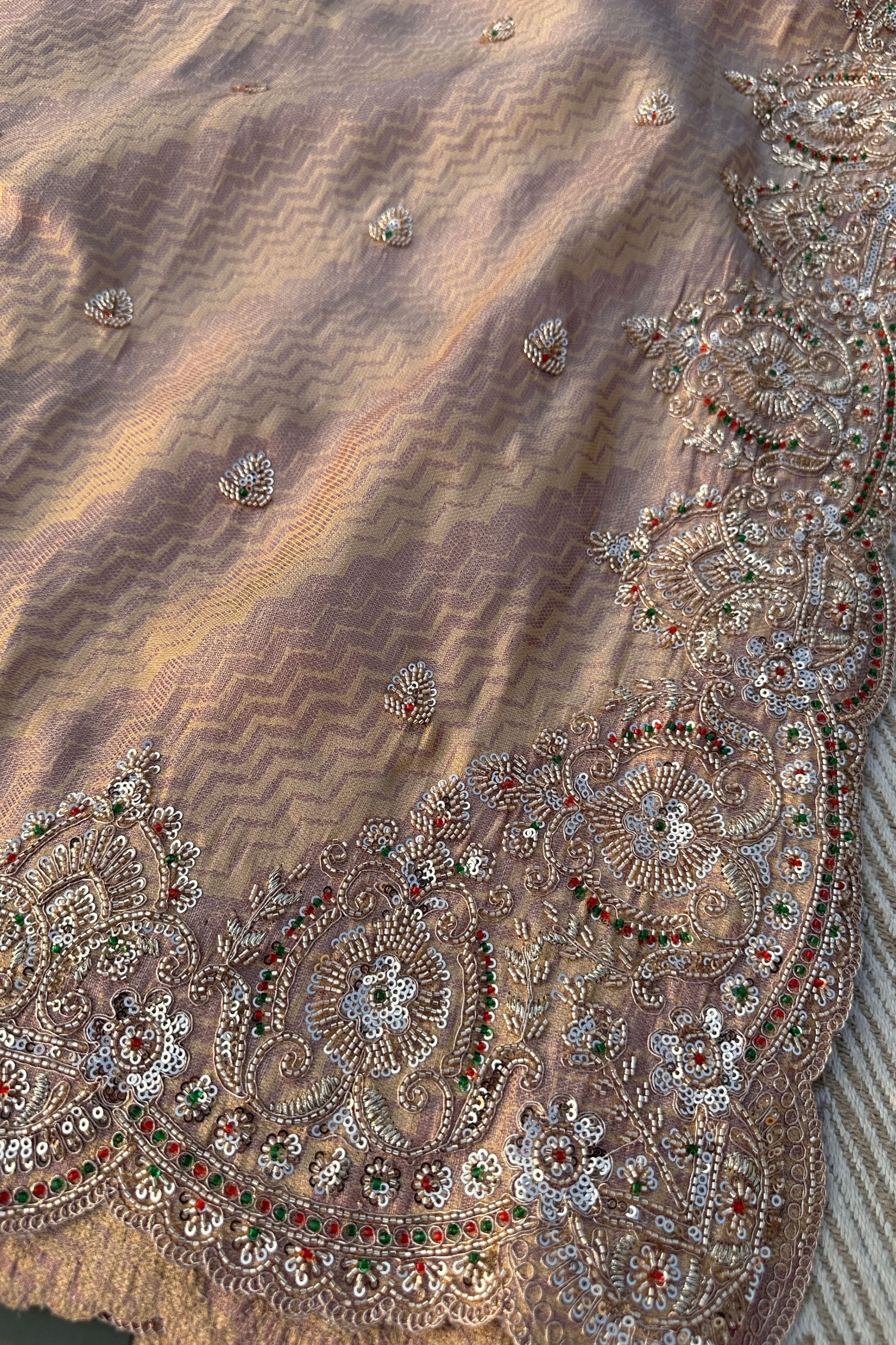 Mauve Brocade Unstitched Saree Embellished With Zari, Sequins & Cutdana Work