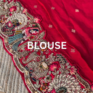 Red Georgette Unstitched Saree Embellished With Thread, Sequins, Zari, Moti & Cutdana work