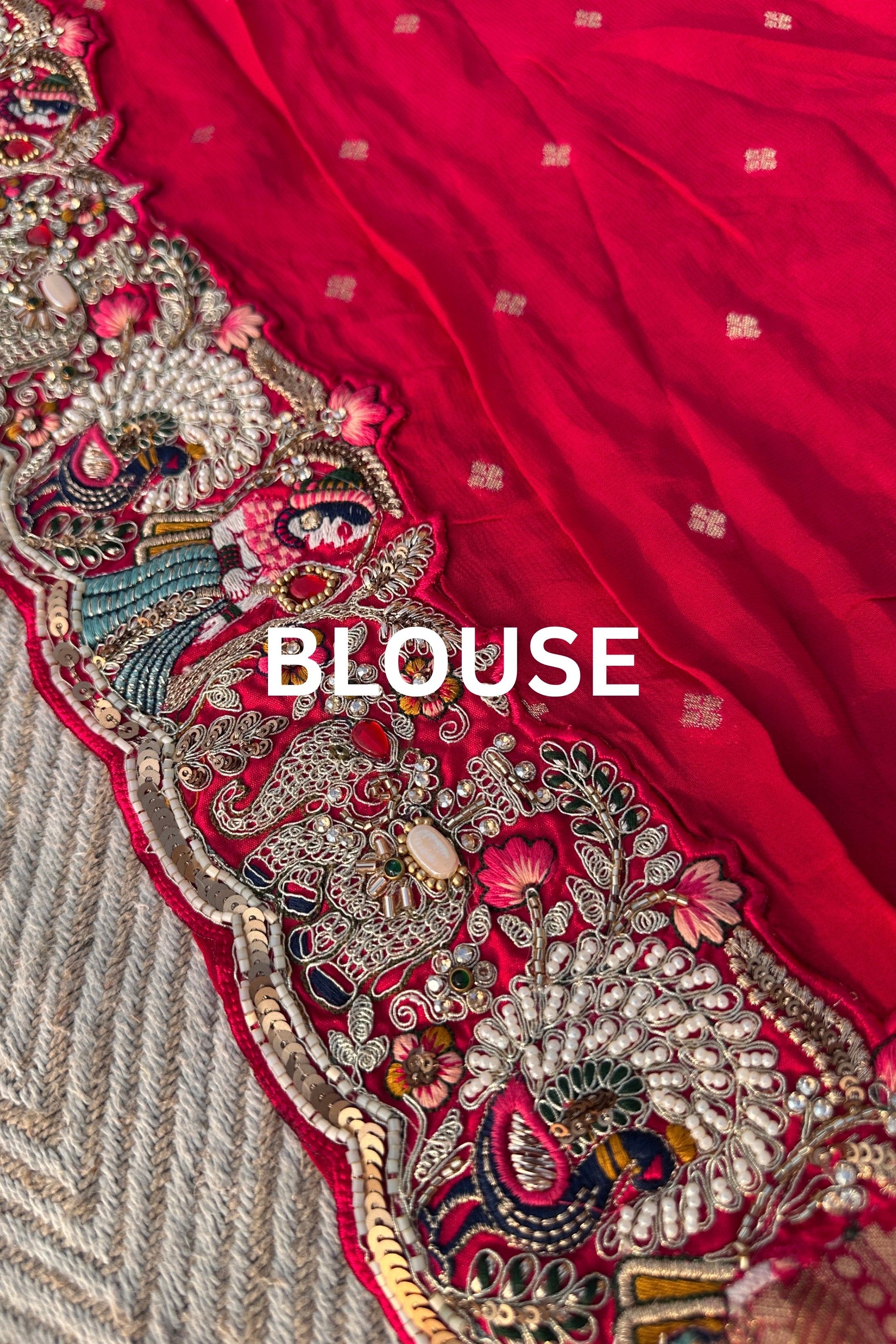 Red Georgette Unstitched Saree Embellished With Thread, Sequins, Zari, Moti & Cutdana work