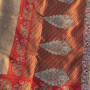 Red Rani Brocade Unstitched Saree Embellished With Sequins, Moti, Dabka & Cutdana Work