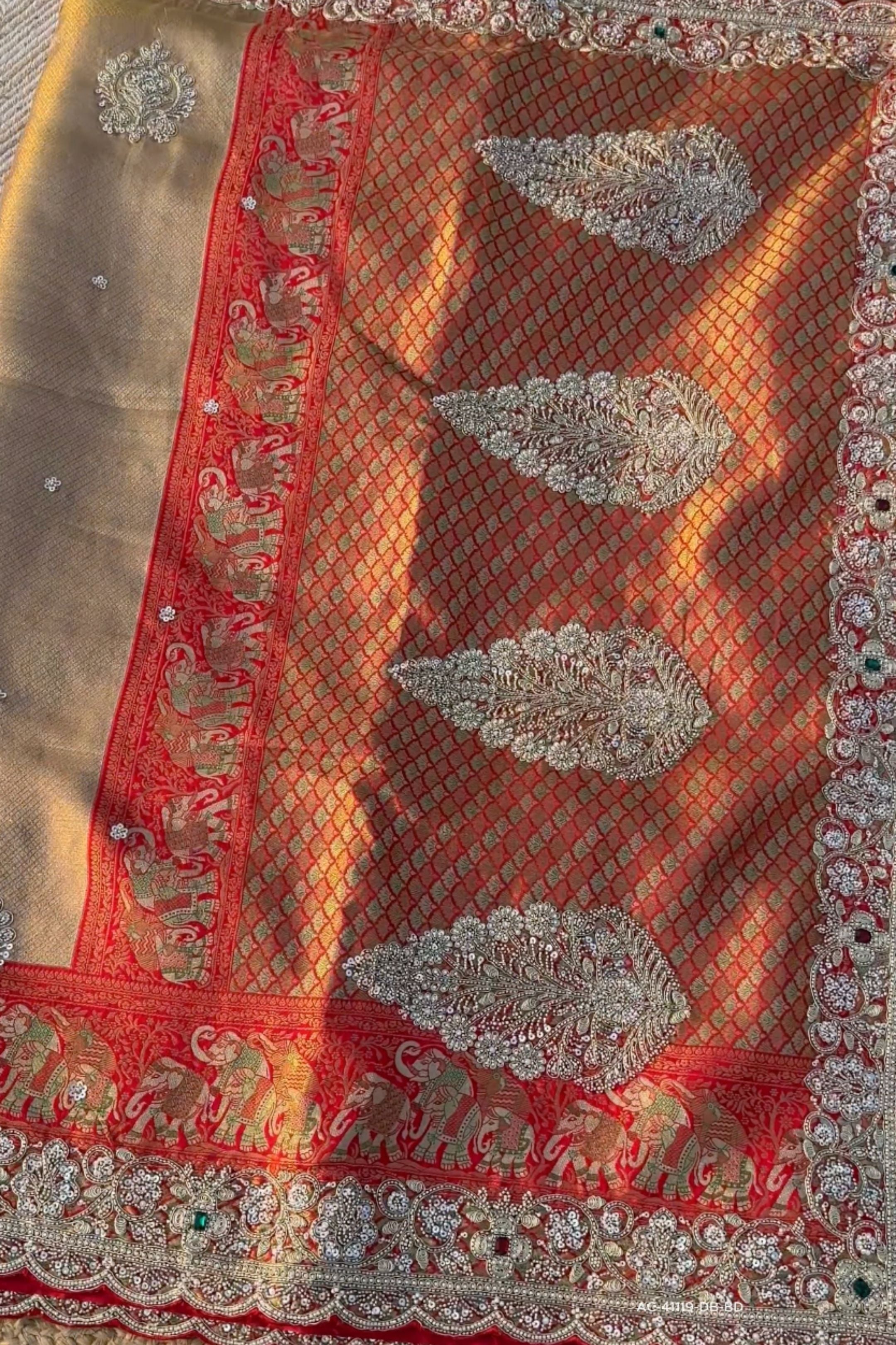 Red Rani Brocade Unstitched Saree Embellished With Sequins, Moti, Dabka & Cutdana Work