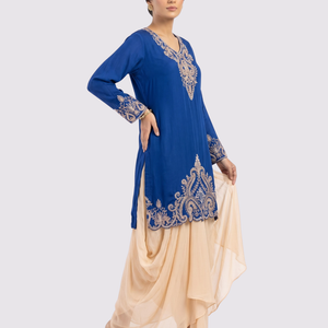 Blue Chinon Dhoti Suit Set with Cutdana, Sequins, Pearl and Dabka Embroidery 1