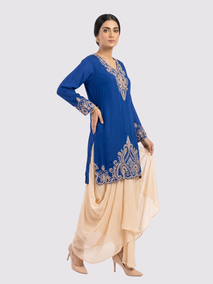 Blue Chinon Dhoti Suit Set with Cutdana, Sequins, Pearl and Dabka Embroidery 1