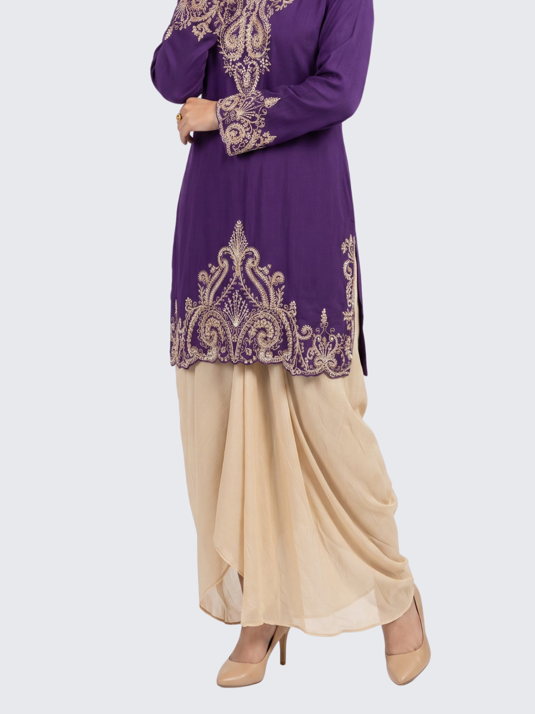 Purple Chinon Dhoti Suit Set with Cutdana, Sequins, Pearl and Dabka Embroidery 4