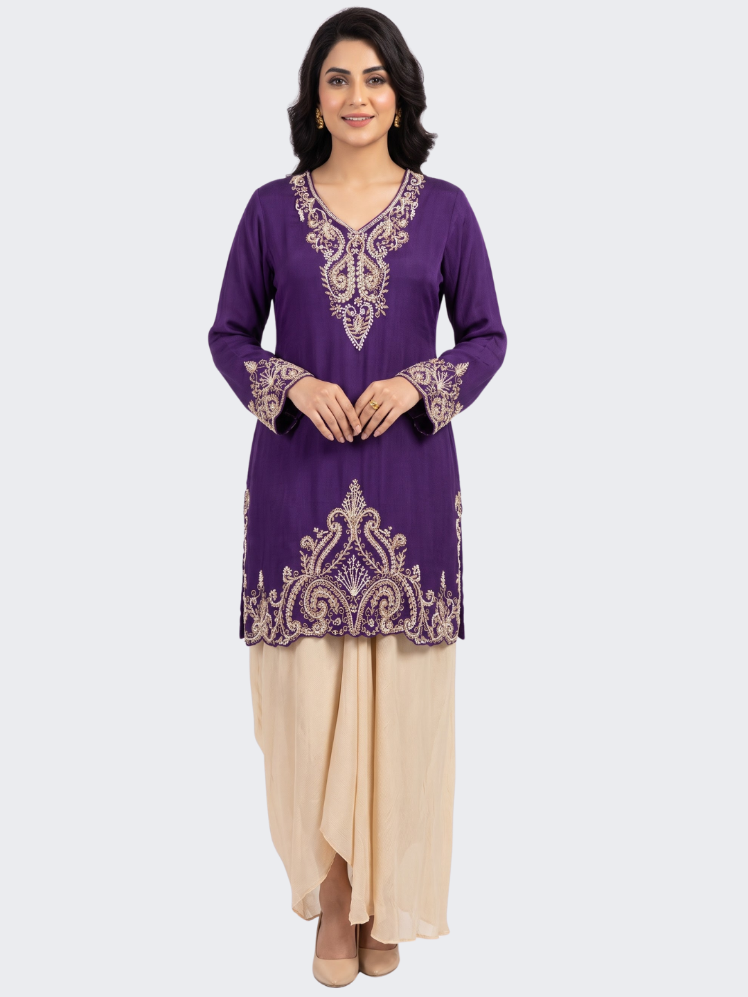 Purple Chinon Dhoti Suit Set with Cutdana, Sequins, Pearl and Dabka Embroidery 2