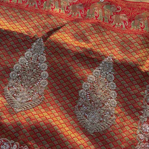 Red Rani Brocade Unstitched Saree Embellished With Sequins, Moti, Dabka & Cutdana Work