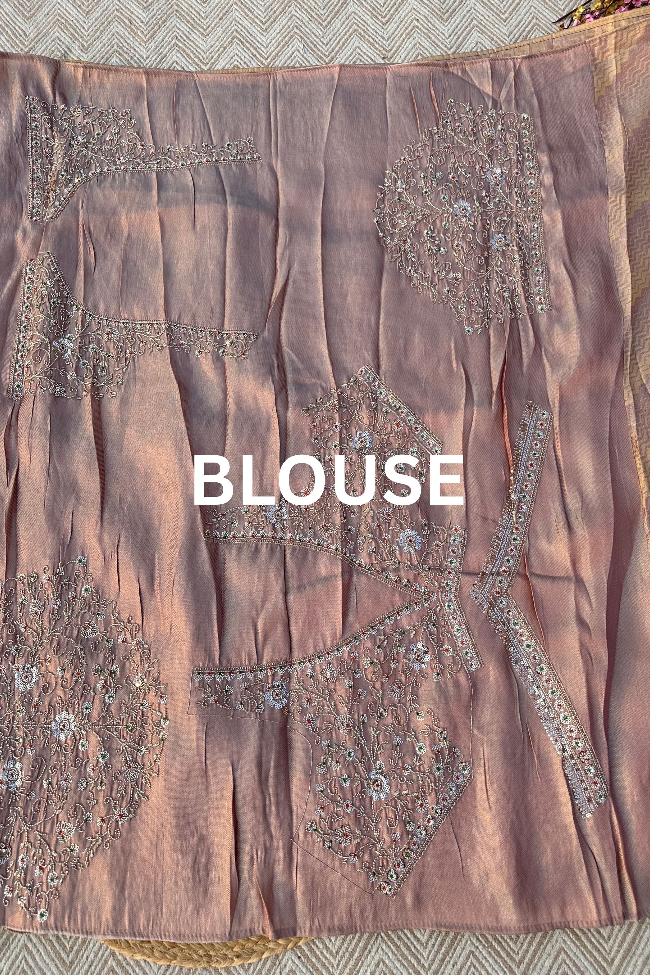 Mauve Brocade Unstitched Saree Embellished With Zari, Sequins & Cutdana Work