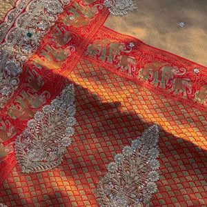 Red Rani Brocade Unstitched Saree Embellished With Sequins, Moti, Dabka & Cutdana Work