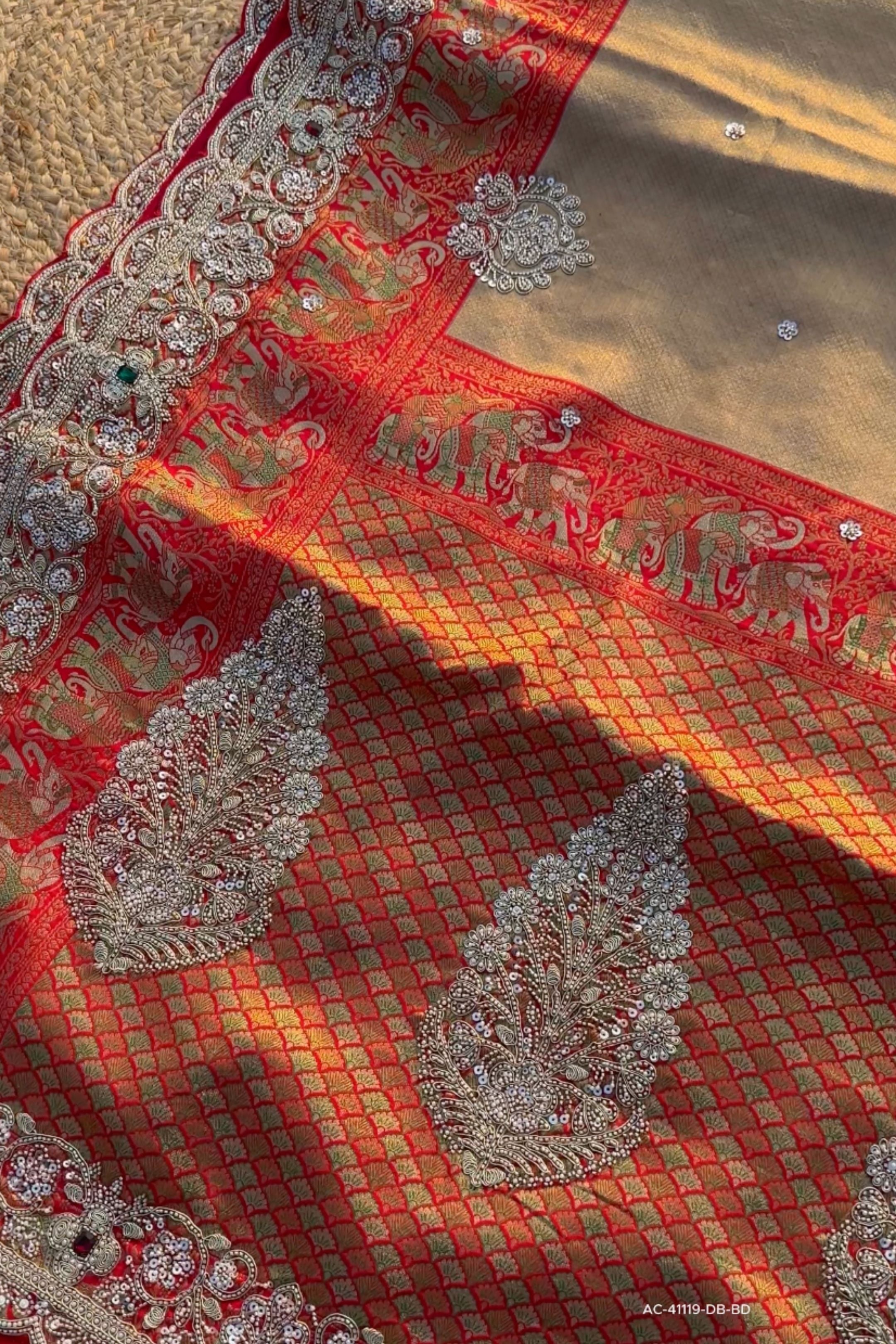 Red Rani Brocade Unstitched Saree Embellished With Sequins, Moti, Dabka & Cutdana Work