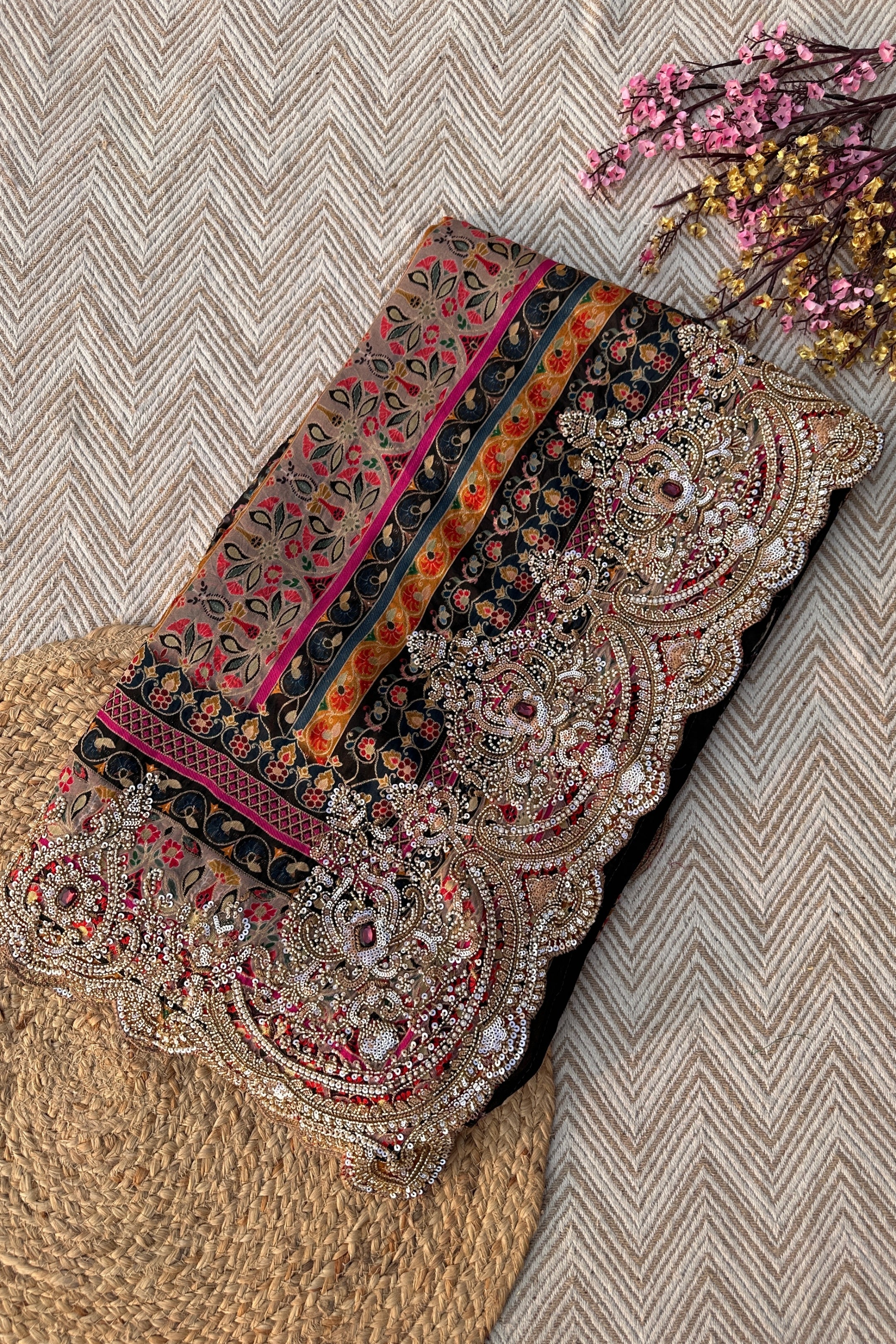 Black Banarasi Silk Saree Embellished With Cutdana, Sequins, Moti & Stone work