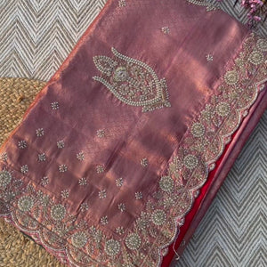 Peach Tissue Unstitched Saree Embellished With Sequins, Thread, Zari, Moti & Cutdana Work