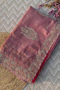 Peach Tissue Unstitched Saree Embellished With Sequins, Thread, Zari, Moti & Cutdana Work