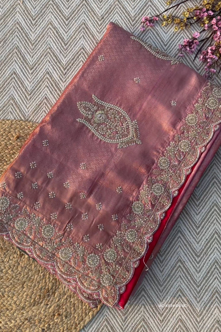 Peach Tissue Unstitched Saree Embellished With Sequins, Thread, Zari, Moti & Cutdana Work