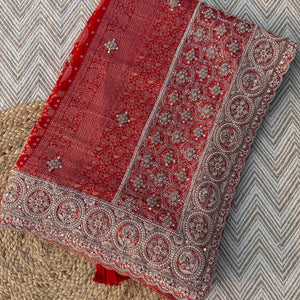Red Rani Georgette Unstitched Saree Embellished With Zari, Moti, Sequins & Cutdana Work