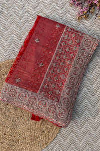 Red Rani Georgette Unstitched Saree Embellished With Zari, Moti, Sequins & Cutdana Work