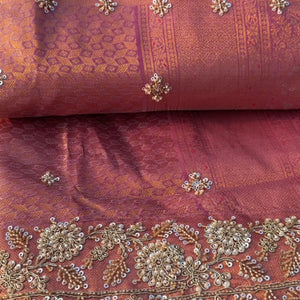 Peach Tissue Unstitched Saree Embellished With Sequins, Thread, Zari, Moti & Cutdana Work