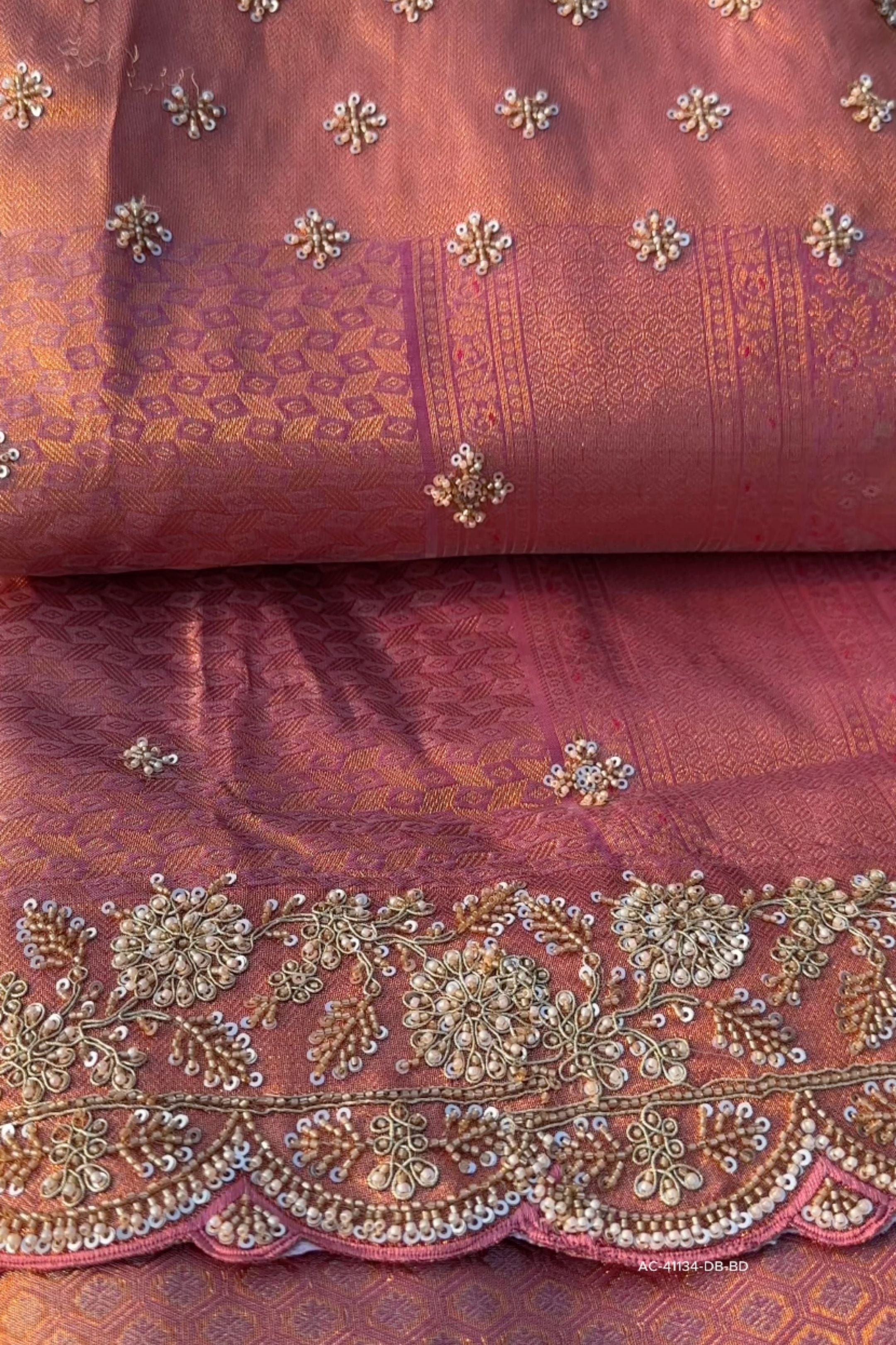 Peach Tissue Unstitched Saree Embellished With Sequins, Thread, Zari, Moti & Cutdana Work