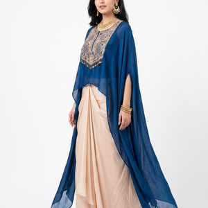Blue Chinon Indo Western with Cutdana and Sequins Embroidery 1