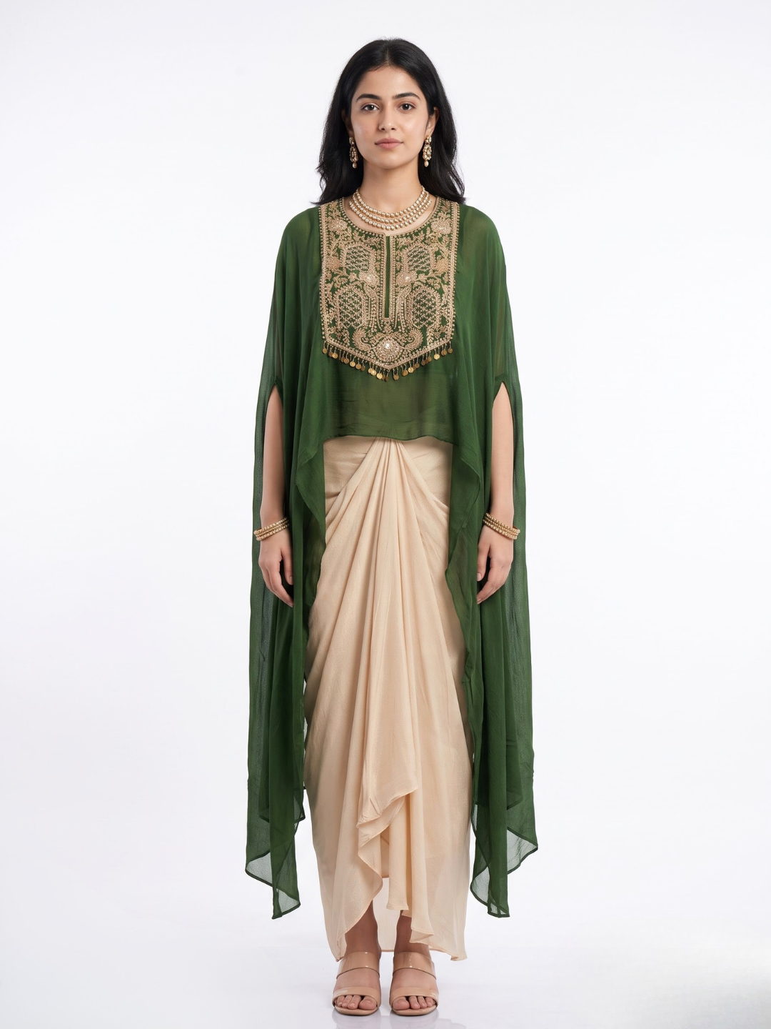 Olive Chinon Indo Western with Cutdana and Sequins Embroidery 2