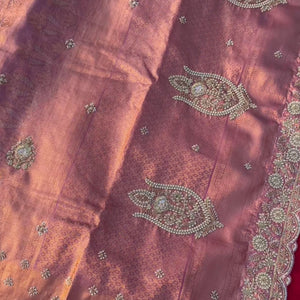 Peach Tissue Unstitched Saree Embellished With Sequins, Thread, Zari, Moti & Cutdana Work
