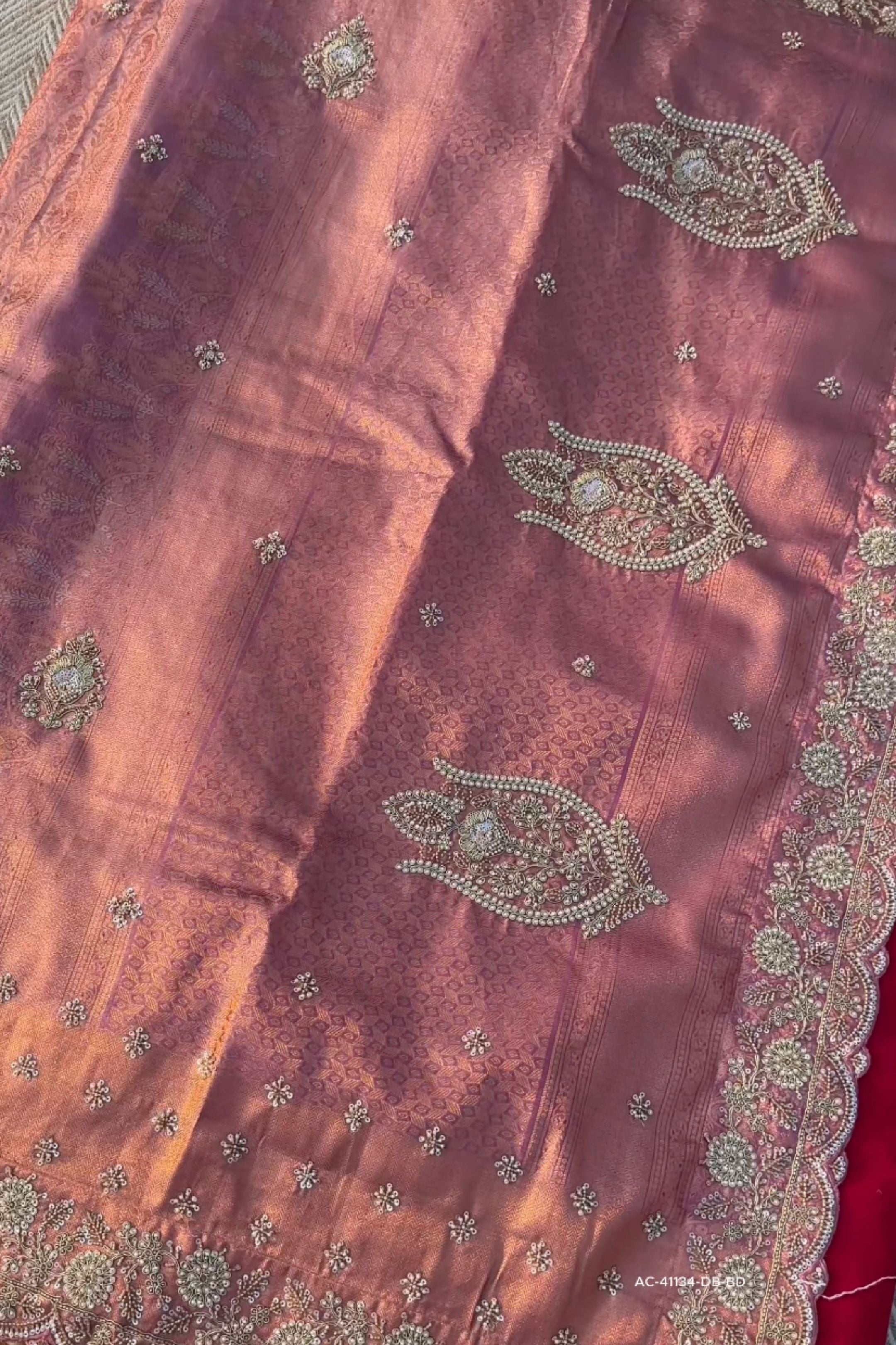 Peach Tissue Unstitched Saree Embellished With Sequins, Thread, Zari, Moti & Cutdana Work