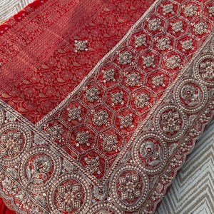 Red Rani Georgette Unstitched Saree Embellished With Zari, Moti, Sequins & Cutdana Work