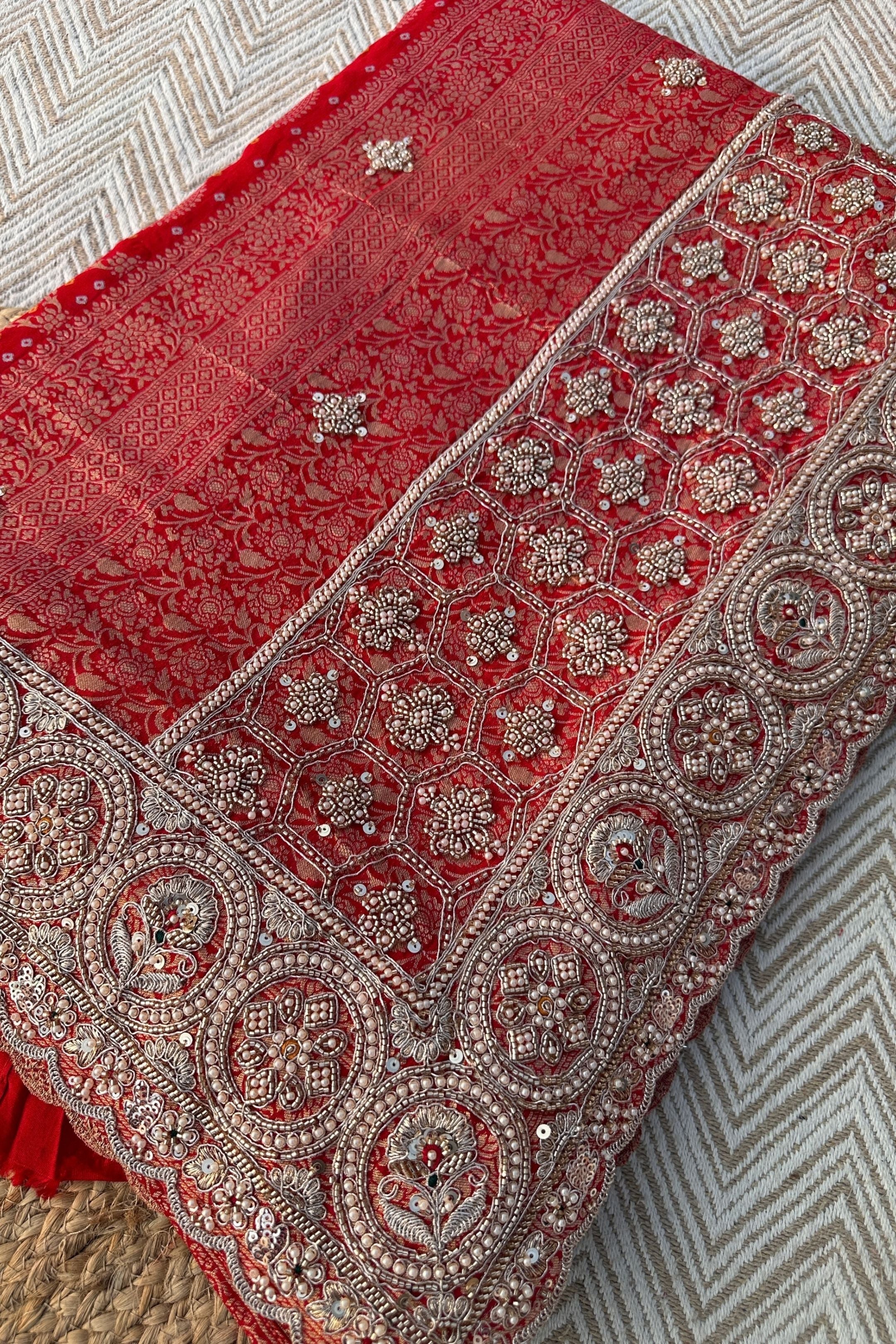 Red Rani Georgette Unstitched Saree Embellished With Zari, Moti, Sequins & Cutdana Work