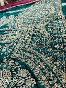 Bottle Green Velvet Unstitched Suit with Zari and thread Embroidery
