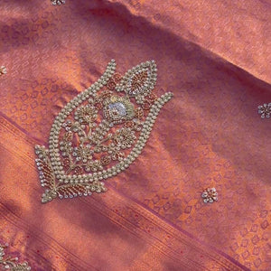Peach Tissue Unstitched Saree Embellished With Sequins, Thread, Zari, Moti & Cutdana Work