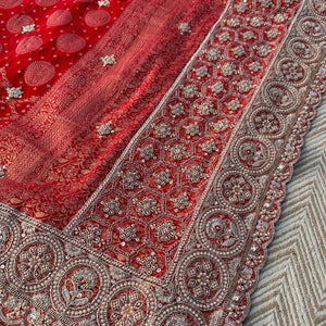Red Rani Georgette Unstitched Saree Embellished With Zari, Moti, Sequins & Cutdana Work