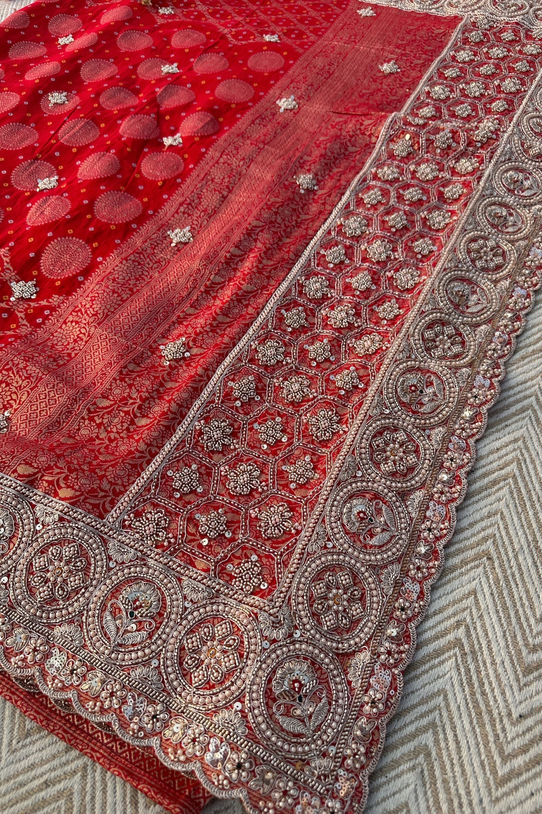 Red Rani Georgette Unstitched Saree Embellished With Zari, Moti, Sequins & Cutdana Work