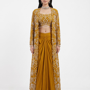 Mustard Chinon Indo Western with Cutdana and Pearl Embroidery 1