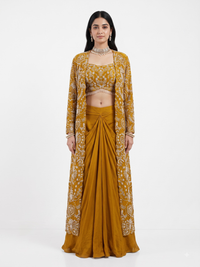 Mustard Chinon Crop Top with Skirt and Shrug with Cutdana and Pearl Embroidery