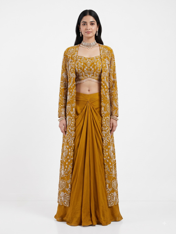 Mustard Chinon Indo Western with Cutdana and Pearl Embroidery 1