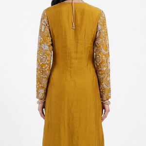 Mustard Chinon Indo Western with Cutdana and Pearl Embroidery 2