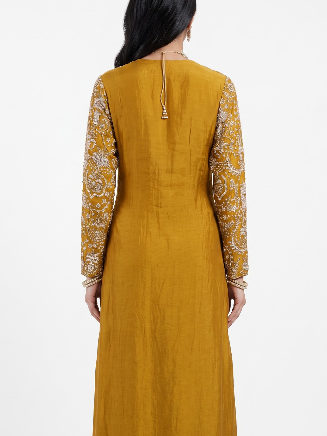 Mustard Chinon Indo Western with Cutdana and Pearl Embroidery 2