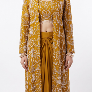 Mustard Chinon Indo Western with Cutdana and Pearl Embroidery 3