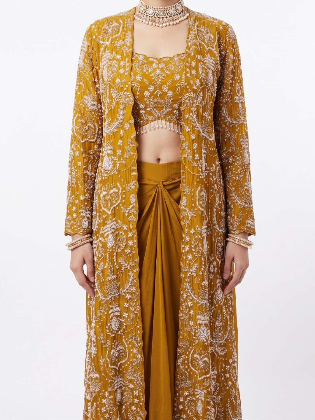 Mustard Chinon Indo Western with Cutdana and Pearl Embroidery 3