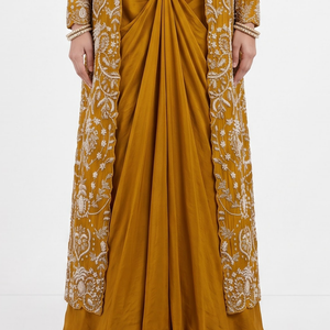 Mustard Chinon Indo Western with Cutdana and Pearl Embroidery 4
