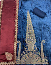 Load image into Gallery viewer, Blue Velvet Unstitched Suit with Zari and thread Embroidery
