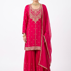 Rani Chinon Shirt, Palazzo And Dupatta with Cutdana Embroidery 1