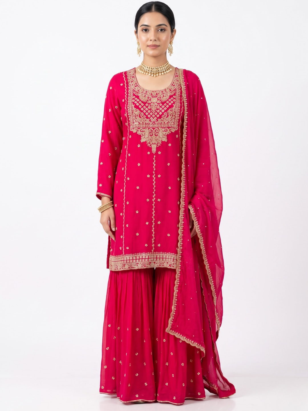 Rani Chinon Shirt, Palazzo And Dupatta with Cutdana Embroidery 1