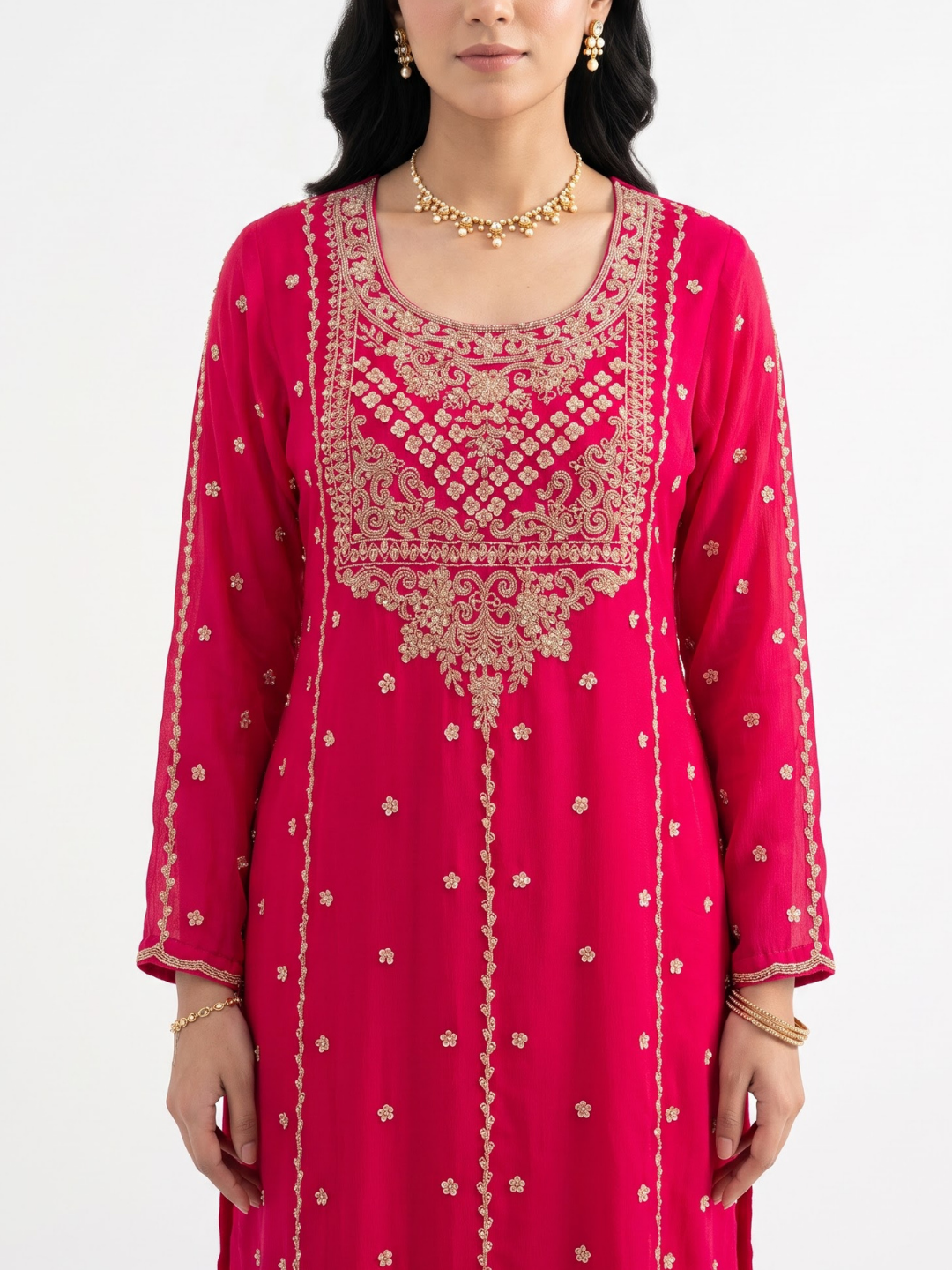 Rani Chinon Shirt, Palazzo And Dupatta with Cutdana Embroidery 3